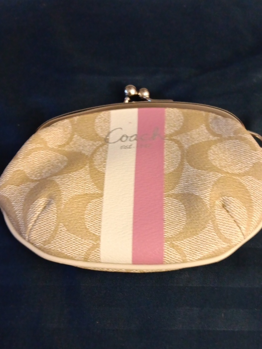 Coach Beige Signature Canvas Coin Purse with Pink & White Stripes